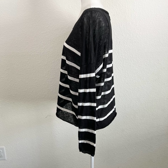 Eileen Fisher Black White Stripe Open Knit Linen Blend Relaxed Slouchy Sweater L - Picture 2 of 6